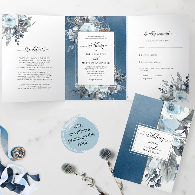 Invitación Tríptica Boda floral azul todo en uno con RSVP (Subido por el creador)
