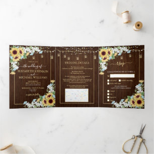 Invitación Tríptica Boda floral azul turquesa de girasol de madera rús