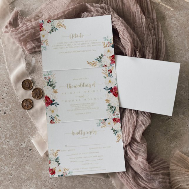 Invitación Tríptica Boda Floral Blanca Borgoña de oro clásico (Subido por el creador)