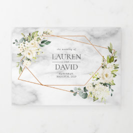 Invitación Tríptica Boda Floral blanca de mármol geométrico de cobre