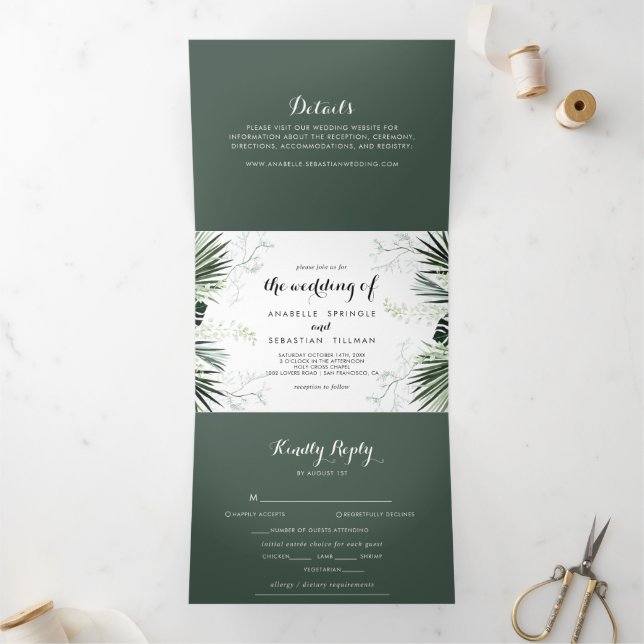 Invitación Tríptica Boda floral blanca de vegetación tropical (Interior)