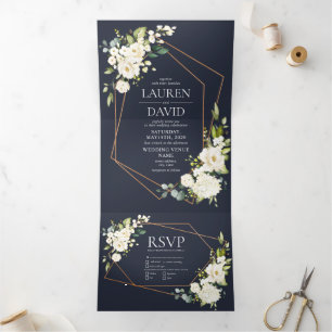 Invitación Tríptica Boda floral blanca geométrica de cobre