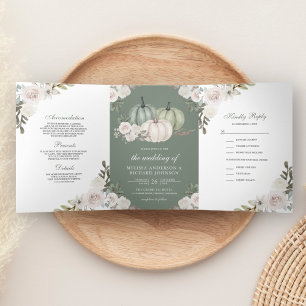 Invitación Tríptica Boda floral blanca y calabaza verde salvia