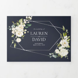 Invitación Tríptica Boda floral blanco azul de la marina geométrica pl