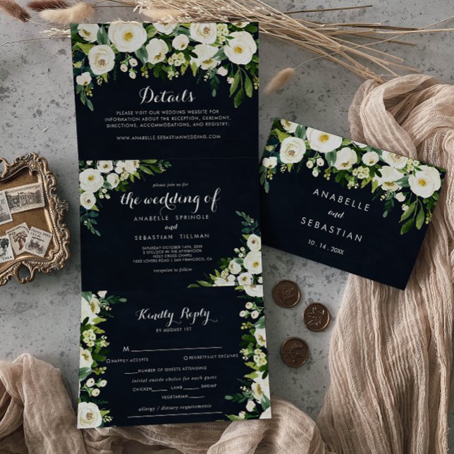 Invitación Tríptica Boda Floral Blanco Verde Azul Real (Subido por el creador)
