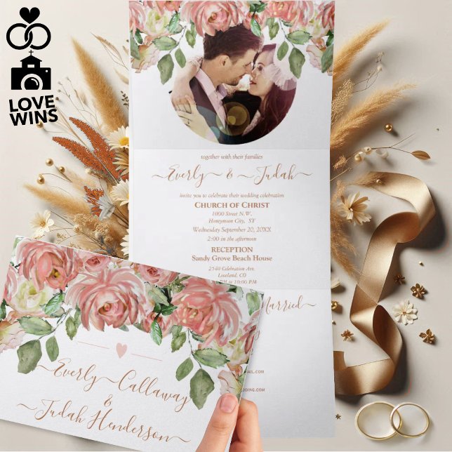 Invitación Tríptica Boda floral boho de rosa verde y rosa (Subido por el creador)