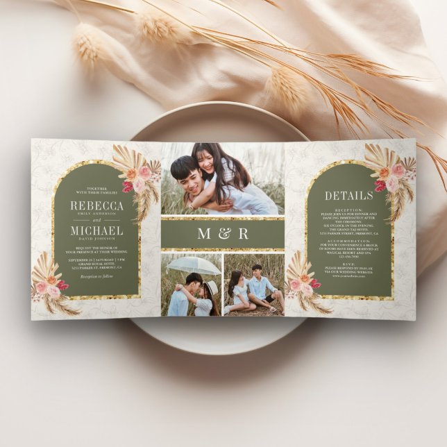 Invitación Tríptica Boda Floral Boho Terroso Pampas Verde Salvia (Subido por el creador)