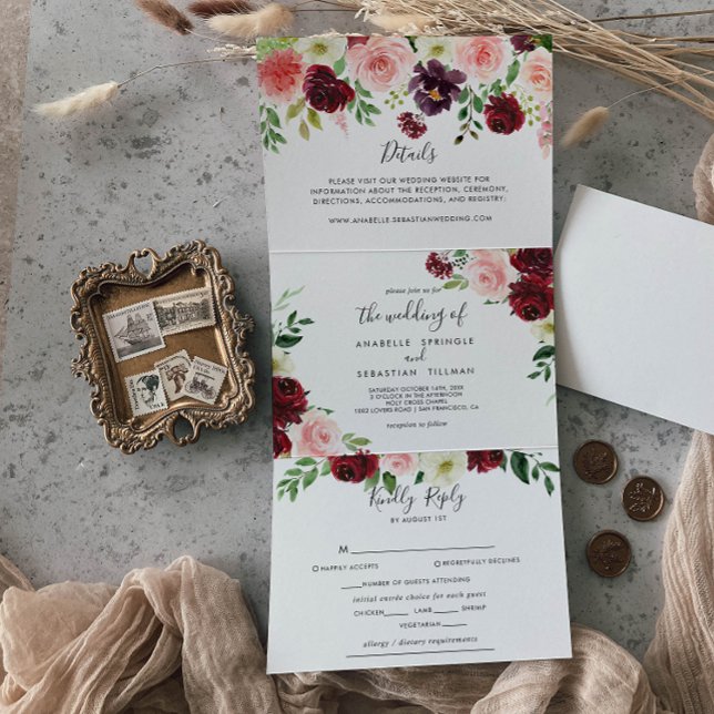 Invitación Tríptica Boda floral borgoñona morada rosa (Subido por el creador)