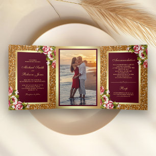 Invitación Tríptica Boda Floral Burgundy Brillo Purpurina Dorado Falso