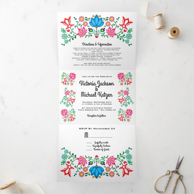 Invitación Tríptica Boda floral de arte folclórico de Fiesta Mexicana (Interior)