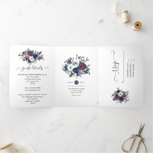 Invitación Tríptica Boda floral de ciruela y azul marino
