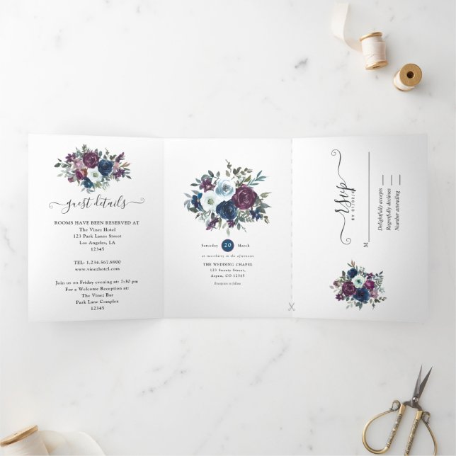 Invitación Tríptica Boda floral de ciruela y marina (Interior)