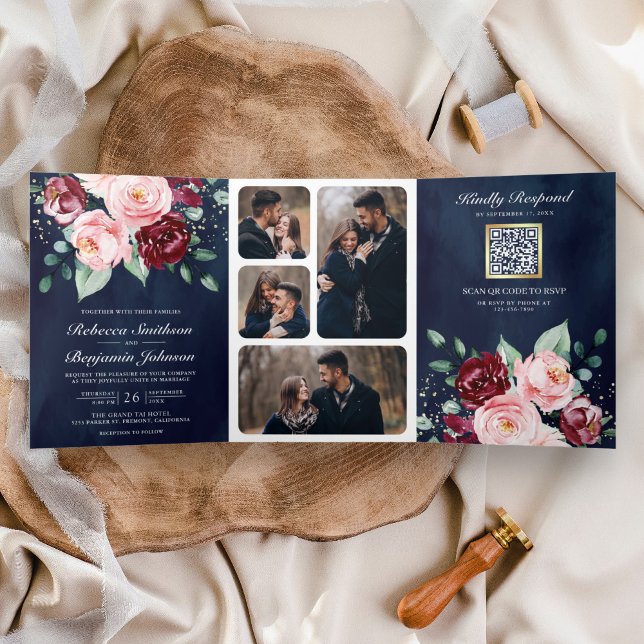 Invitación Tríptica Boda floral de código QR rosa burgundy rosa sonroj (Subido por el creador)