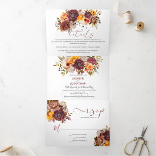 Invitación Tríptica Boda floral de color acuático con esplendor de oto