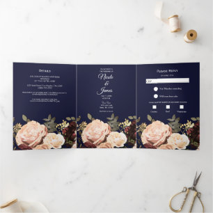 Invitación Tríptica Boda Floral de Color Granate con Verde y Azul Mari