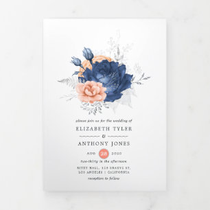 Invitación Tríptica Boda floral de coral, azul marino y plata