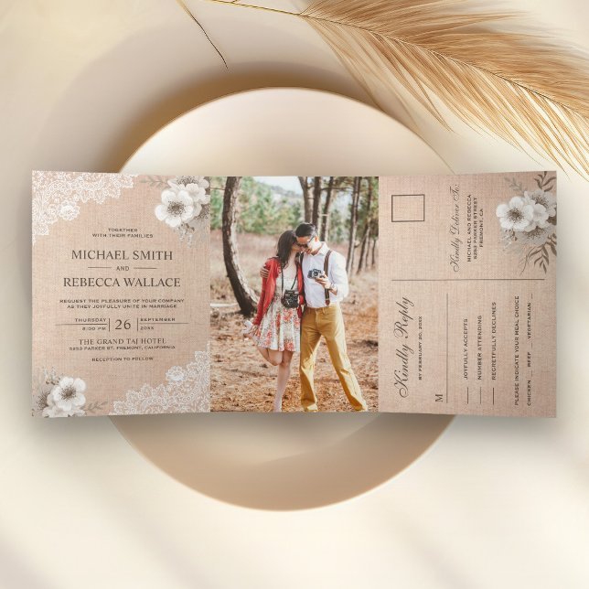 Invitación Tríptica Boda Floral de Encaje de Arpillera Rústica Campest (Subido por el creador)