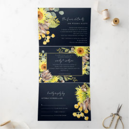 Invitación Tríptica Boda FLORAL DE EUCALÍPTUS RUSTIC NAVY SUNFLOWLOWER