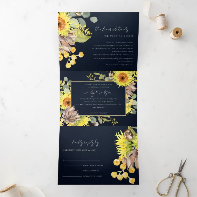Invitación Tríptica Boda FLORAL DE EUCALÍPTUS RUSTIC NAVY SUNFLOWLOWER (Interior)