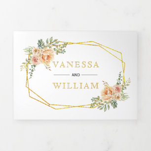 Invitación Tríptica Boda floral de flores de acuarela geométrica de or