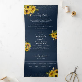 Invitación Tríptica Boda Floral de Girasoles Azules Marinos Rústicos