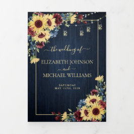 Invitación Tríptica Boda Floral de la Marina del Sol Azul de Borgoña