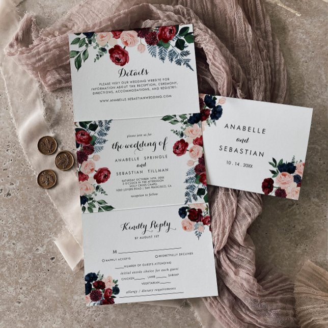 Invitación Tríptica Boda floral de la Marina Rosa de Borgoña (Subido por el creador)