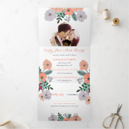 Invitación Tríptica Boda floral de lavanda rosa melocotón verde