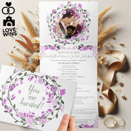 Invitación Tríptica Boda floral de lavanda rosa y peonía púrpura