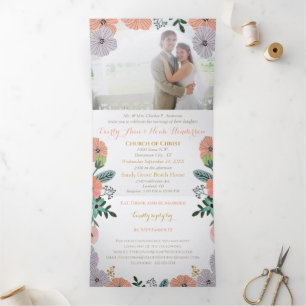 Invitación Tríptica Boda floral de lavanda verde rosa melocotón