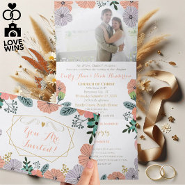 Invitación Tríptica Boda floral de lavanda verde rosa melocotón