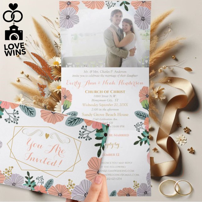 Invitación Tríptica Boda floral de lavanda verde rosa melocotón (Subido por el creador)