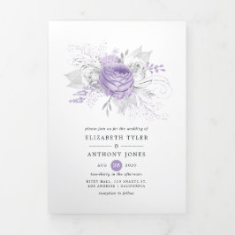 Invitación Tríptica Boda floral de lavanda y plata
