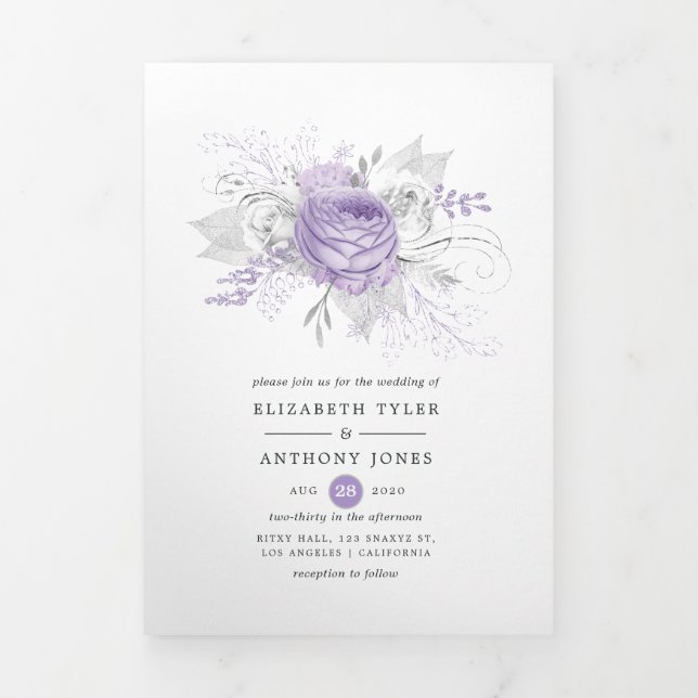 Invitación Tríptica Boda floral de lavanda y plata (Foto de portada)