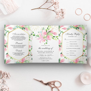 Invitación Tríptica Boda floral de magnolia rosa de primavera todo en