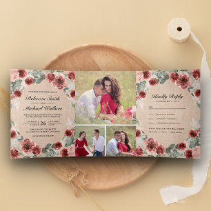 Invitación Tríptica Boda Floral de Marsala de Arpillera Rústica Colaje