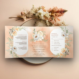 Invitación Tríptica Boda Floral de Melocotón Acuarela Suave Terroso Rú