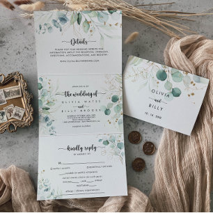Invitación Tríptica Boda floral de oro de eucalipto ruso de