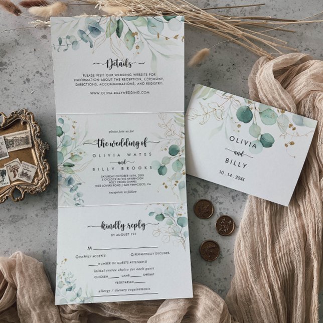 Invitación Tríptica Boda floral de oro de eucalipto ruso de (Subido por el creador)