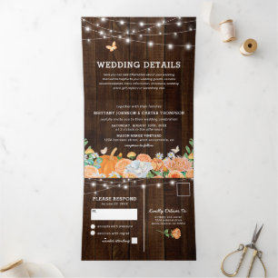 Invitación Tríptica Boda floral de otoño rústica 3 en 1