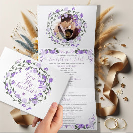 Invitación Tríptica Boda floral de peonía púrpura elegante foto tri-pl