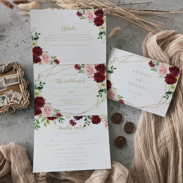 Invitación Tríptica Boda floral de primavera borgoñona de oro geométri (Subido por el creador)