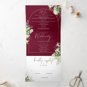 Invitación Tríptica Boda Floral de Verde y Dorado de Borgoña Foto de A