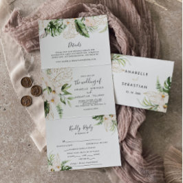 Invitación Tríptica Boda floral dorado de follaje tropical