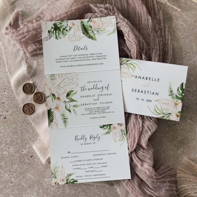 Invitación Tríptica Boda floral dorado de follaje tropical (Subido por el creador)