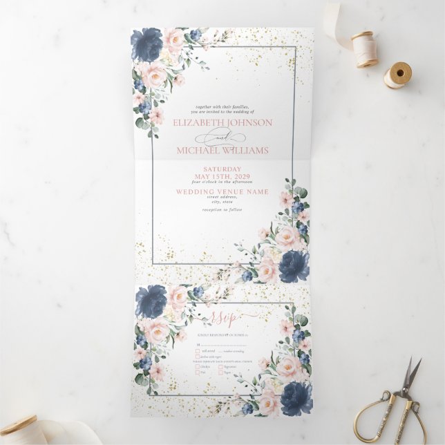 Invitación Tríptica Boda Floral dorado rosa Rubor azul turbio claro (Interior)
