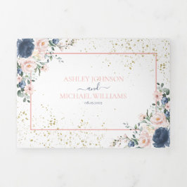 Invitación Tríptica Boda floral dorado rosa Rubor azul turbio claro