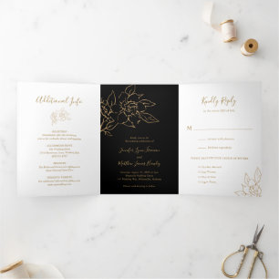 Invitación Tríptica Boda floral elegante con arte de línea en negro y 