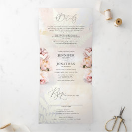 Invitación Tríptica Boda floral elegante con toque rosado