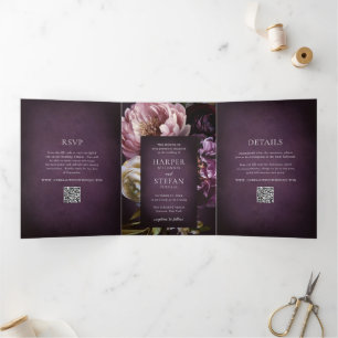 Invitación Tríptica Boda floral elegante de arte fino púrpura oscuro